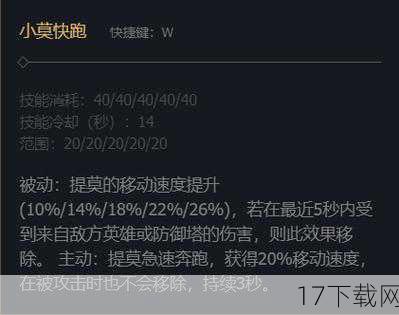 E技能的重做是提莫此次改动的亮点之一，E技能不再是被动效果，而是主动技能，开启后，提莫会进入隐身状态，持续2至3秒，这一改动让提莫在草丛外的灵活性大大提升，不再局限于草丛内的隐身，虽然隐身时间有限且移动会缩短隐身时长，但足以让提莫在关键时刻逃脱或发起突袭，隐身状态下提莫的视野范围还会增加25%，让他成为真正的潜伏狙击手。