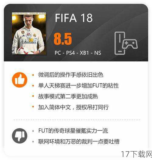 A3：如果在下载《FIFA18》免安装中文正式版的过程中遇到问题，如下载速度慢、文件损坏等，可以尝试以下几种解决方法：检查网络连接是否稳定；尝试更换下载源或下载工具；如果问题依旧无法解决，可以联系游戏官方客服或访问相关游戏论坛寻求帮助，记得在寻求帮助时提供详细的错误信息和下载环境描述，以便他人更快地定位问题并提供解决方案。